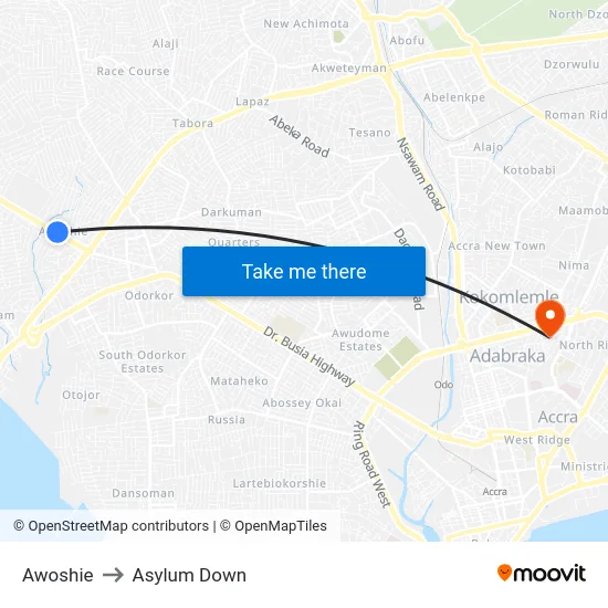 Awoshie to Asylum Down map