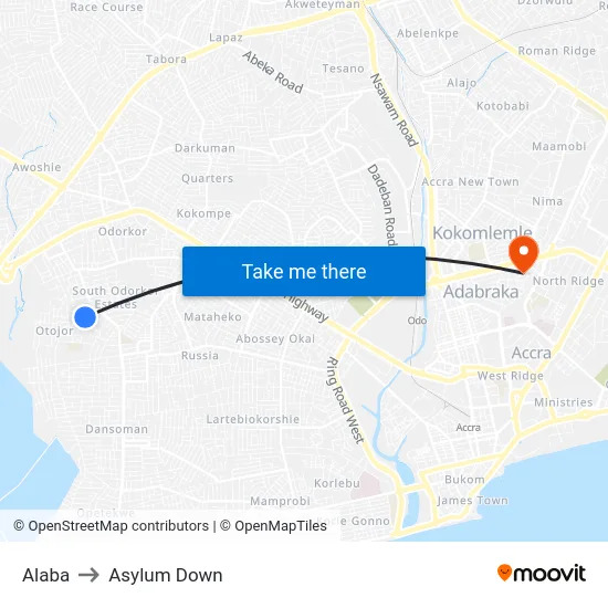 Alaba to Asylum Down map