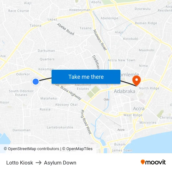 Lotto Kiosk to Asylum Down map