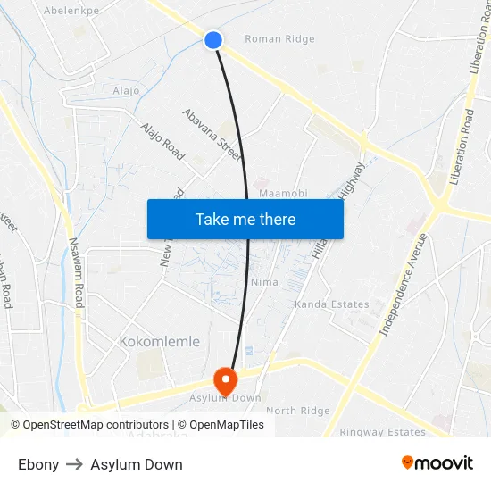 Ebony to Asylum Down map