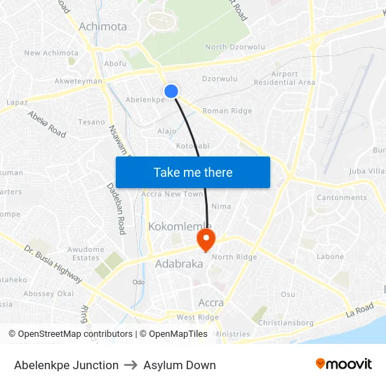 Abelenkpe Junction to Asylum Down map