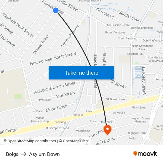 Bolga to Asylum Down map