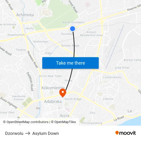 Dzorwolu to Asylum Down map