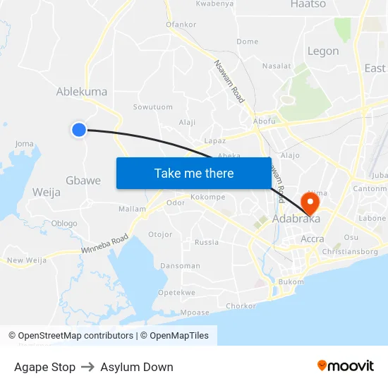 Agape Stop to Asylum Down map