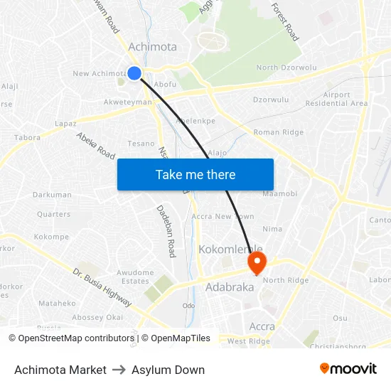 Achimota Market to Asylum Down map