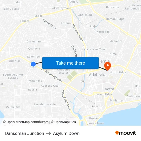 Dansoman Junction to Asylum Down map