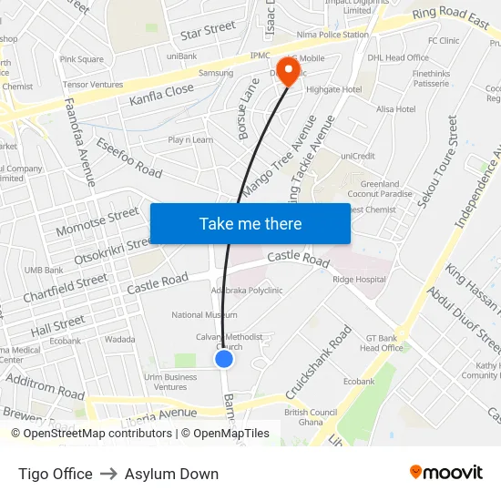 Tigo Office to Asylum Down map