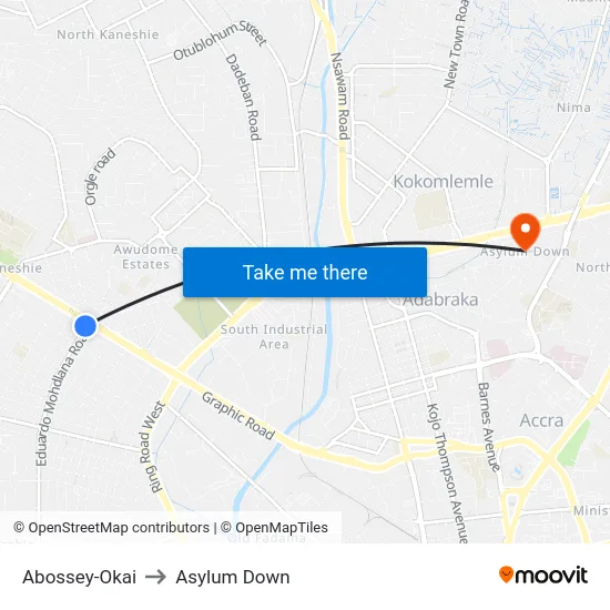 Abossey-Okai to Asylum Down map