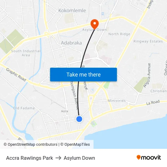 Accra Rawlings Park to Asylum Down map