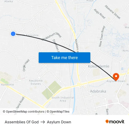 Assemblies Of God to Asylum Down map