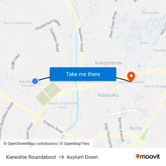 Kaneshie Roundabout to Asylum Down map