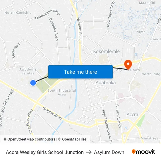 Accra Wesley Girls School Junction to Asylum Down map