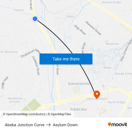Abeka Junction Curve to Asylum Down map