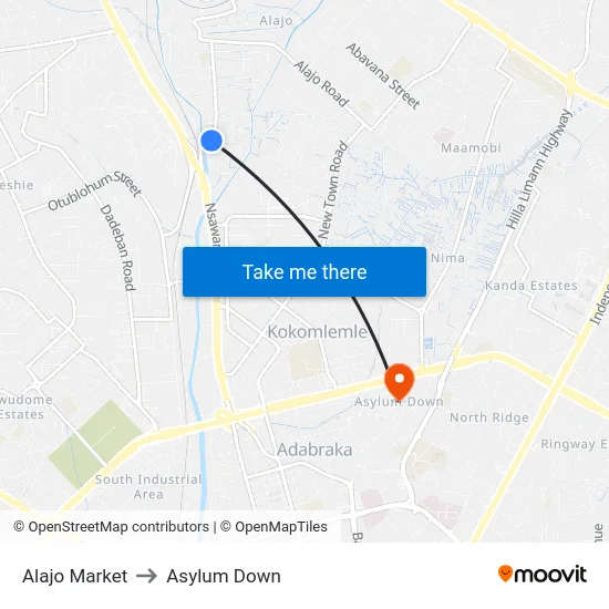 Alajo Market to Asylum Down map