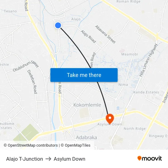 Alajo T-Junction to Asylum Down map