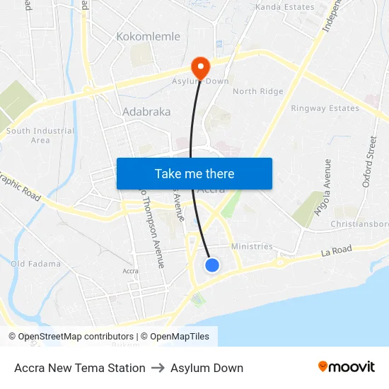 Accra New Tema Station to Asylum Down map