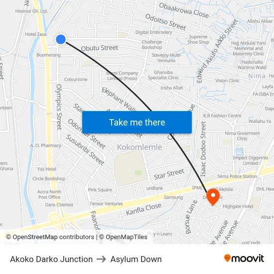 Akoko Darko Junction to Asylum Down map