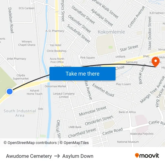 Awudome Cemetery to Asylum Down map