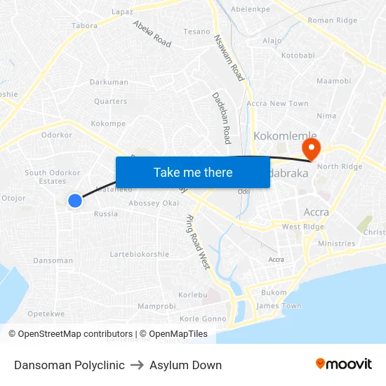 Dansoman Polyclinic to Asylum Down map