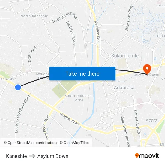 Kaneshie to Asylum Down map