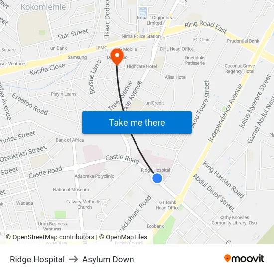 Ridge Hospital to Asylum Down map