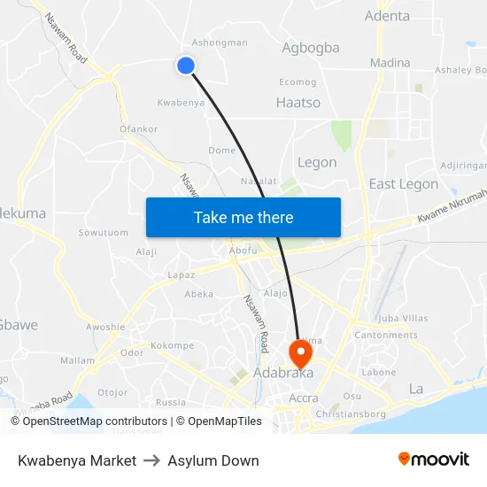 Kwabenya Market to Asylum Down map