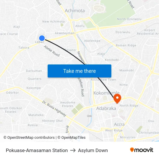 Pokuase-Amasaman Station to Asylum Down map