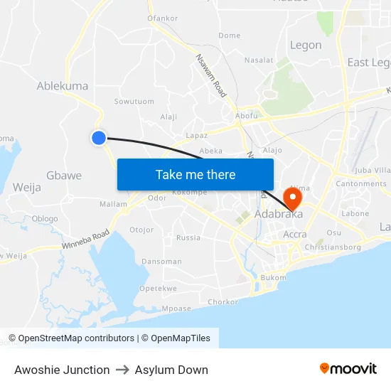 Awoshie Junction to Asylum Down map