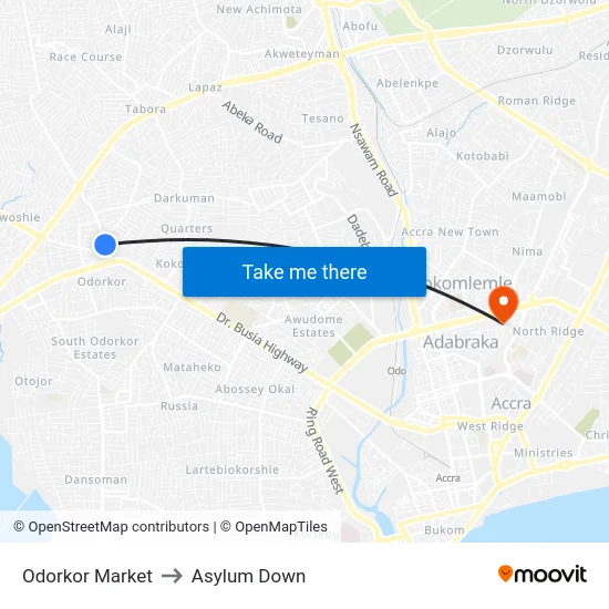 Odorkor Market to Asylum Down map