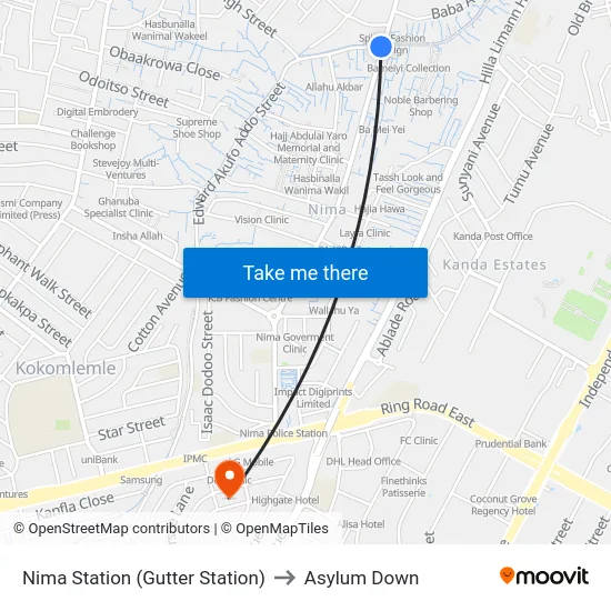 Nima Station (Gutter Station) to Asylum Down map