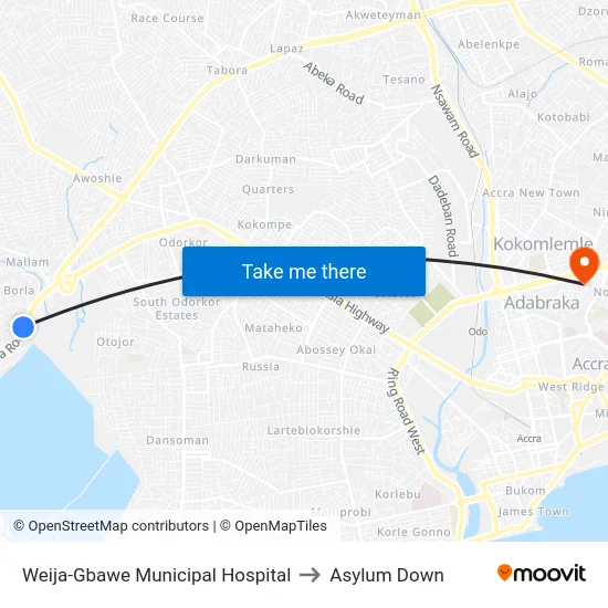 Weija-Gbawe Municipal Hospital to Asylum Down map