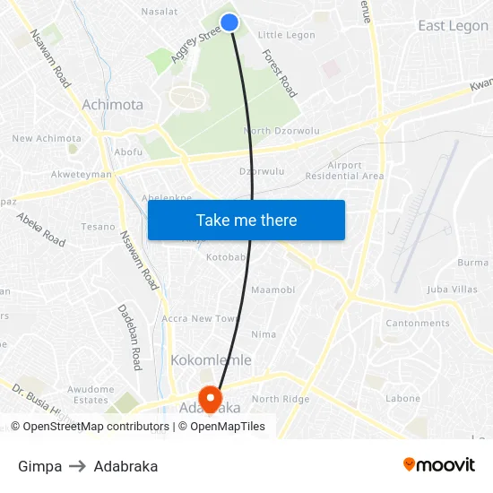 Gimpa to Adabraka map