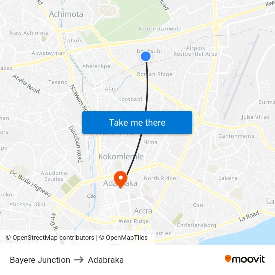 Bayere Junction to Adabraka map
