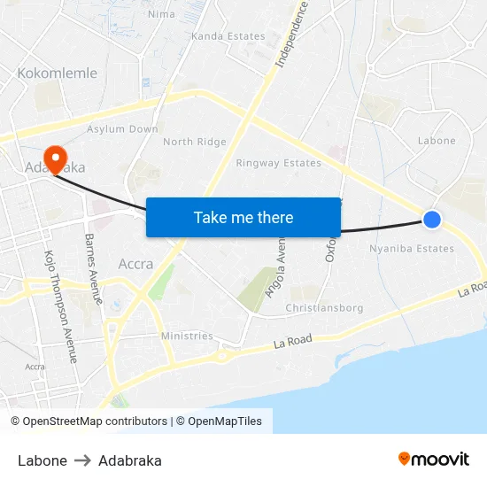 Labone to Adabraka map