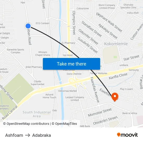 Ashfoam to Adabraka map