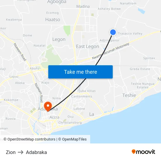 Zion to Adabraka map