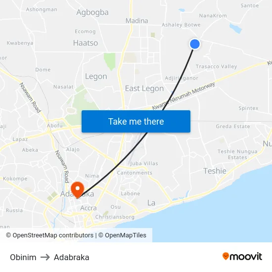 Obinim to Adabraka map