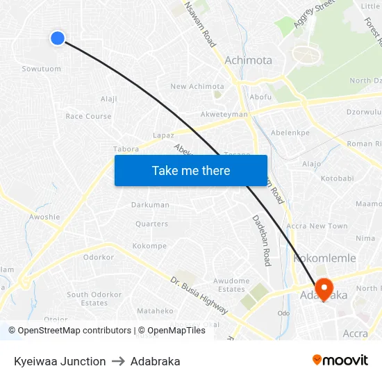 Kyeiwaa Junction to Adabraka map
