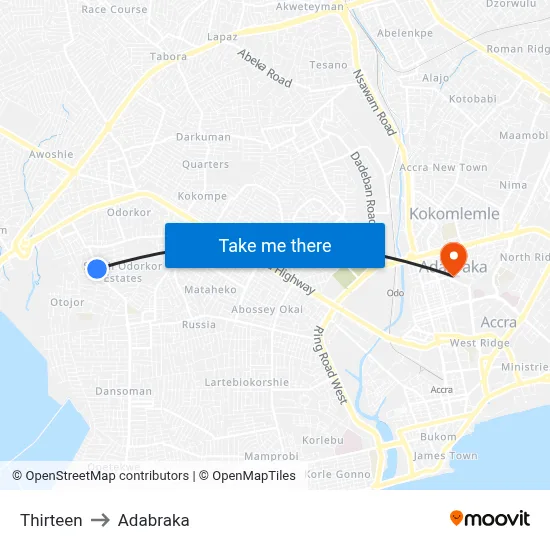 Thirteen to Adabraka map