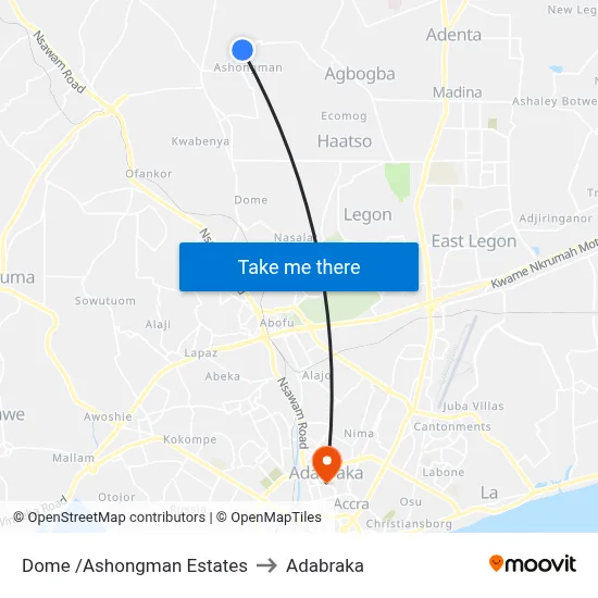 Dome /Ashongman Estates to Adabraka map