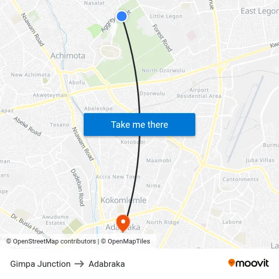 Gimpa Junction to Adabraka map