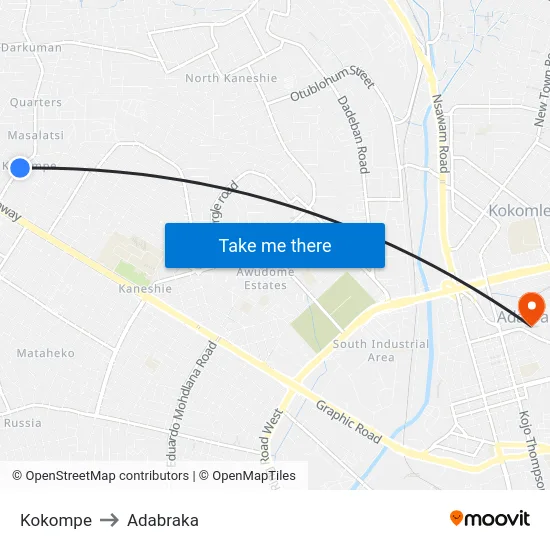 Kokompe to Adabraka map