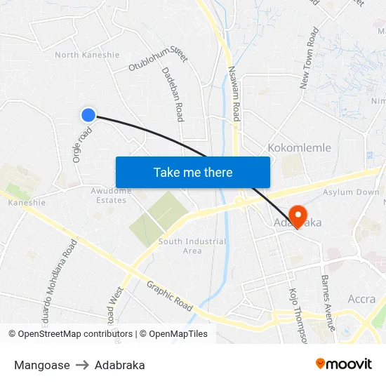 Mangoase to Adabraka map