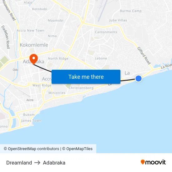 Dreamland to Adabraka map