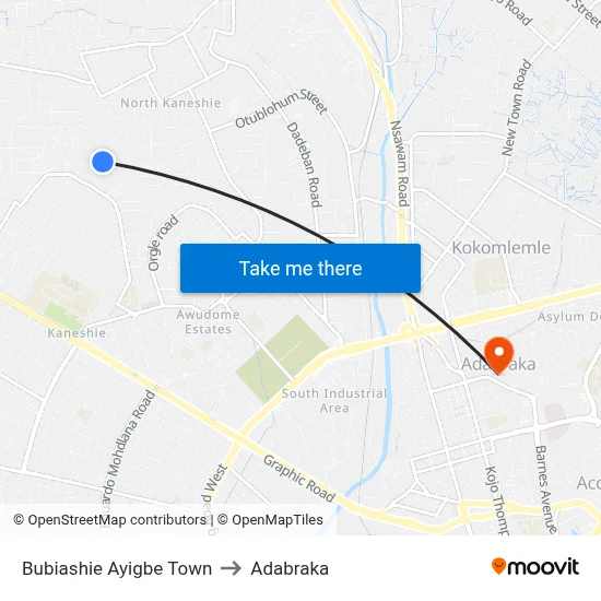 Bubiashie Ayigbe Town to Adabraka map