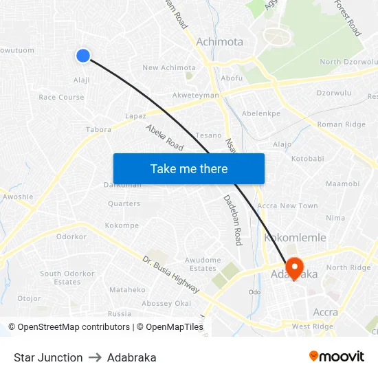 Star Junction to Adabraka map