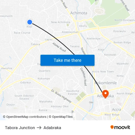 Tabora Junction to Adabraka map