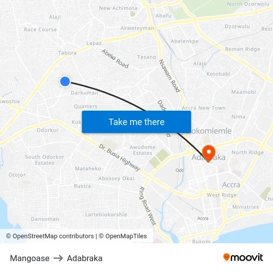 Mangoase to Adabraka map