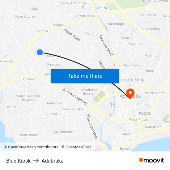 Blue Kiosk to Adabraka map