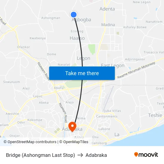 Bridge (Ashongman Last Stop) to Adabraka map